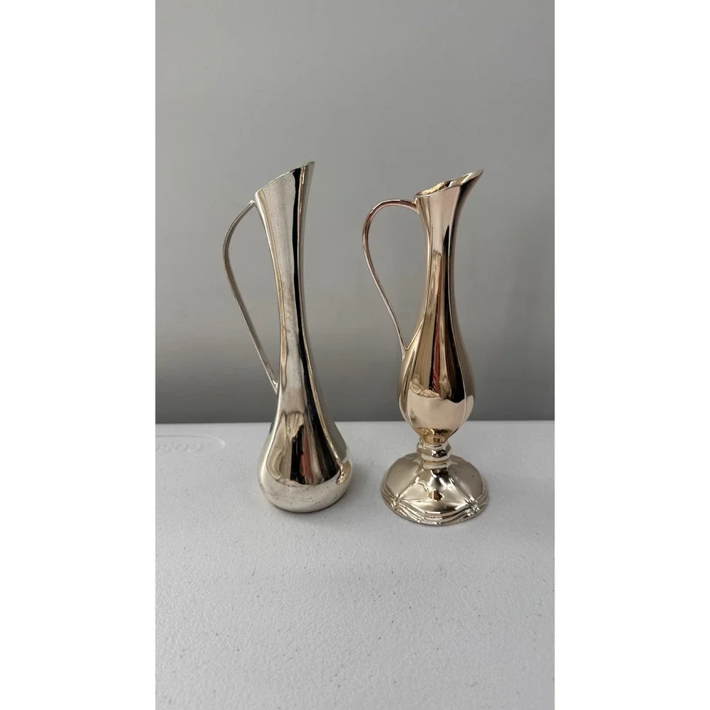 Vintage Bud Vase Pitcher Set Silver Gold Tone Mid Century Modern Farmhouse Decor